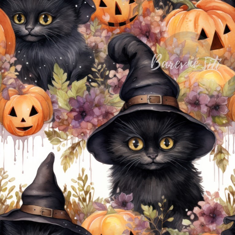 Úplet Halloweenské černé kočky, dýně (E)