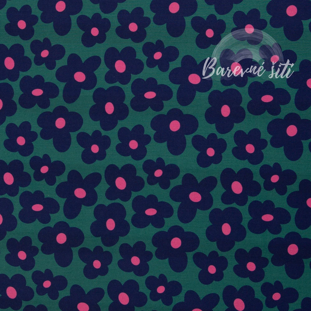 Viskozový úplet, Modré květy na zelené (E) 0,85m/ks