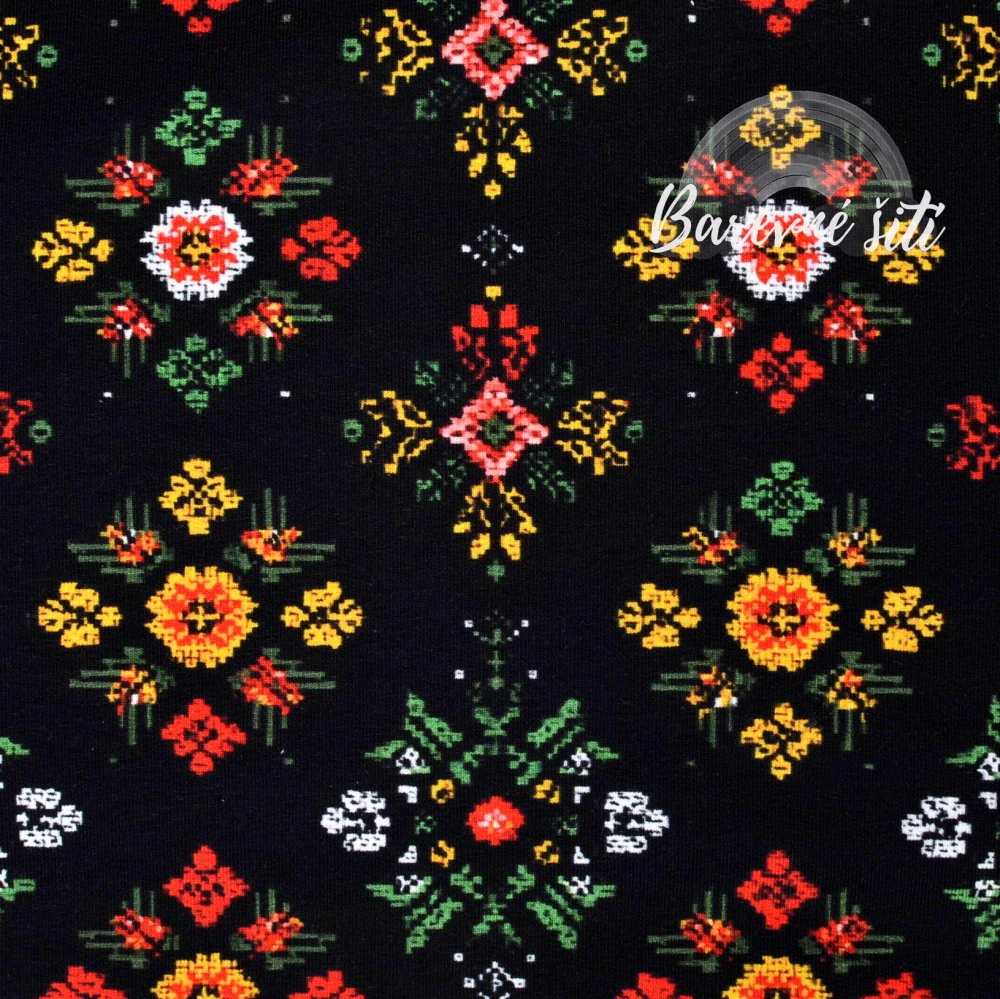 Teplákovina, Folklór výšivka na černé (E) 1m/ks