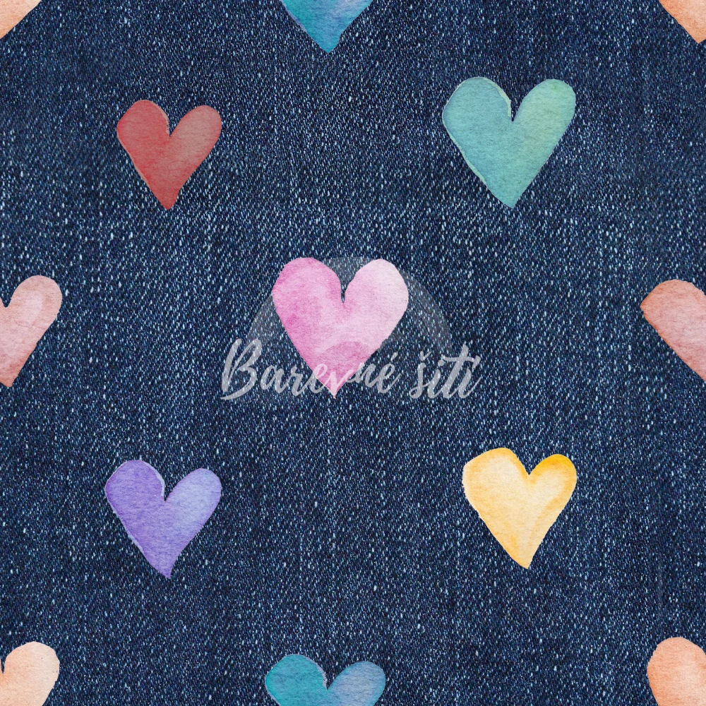 Zimní softshell Barevná srdíčka na jeans (E) 1m/ks