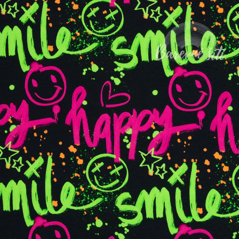 Teplákovina počesaná, Happy smile, černá (E) 0,30m/ks